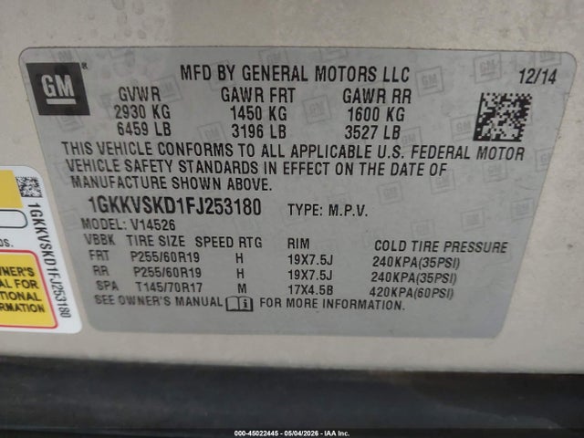 Aukcja sprzedaży 2015 Gmc Acadia Slt-2, vin: 1GKKVSKD1FJ253180, numer aukcji: 45022445