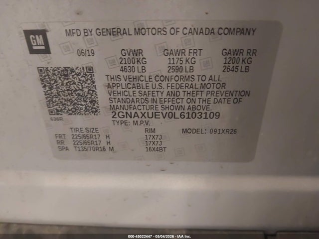Продаж на аукціоні авто 2020 Chevrolet Equinox Awd Lt 1.5l Turbo, vin: 2GNAXUEV0L6103109, номер лоту: 45022447