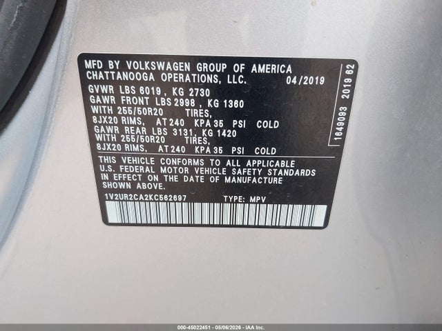 Aukcja sprzedaży 2019 Volkswagen Atlas 3.6l V6 Se W/technology, vin: 1V2UR2CA2KC562697, numer aukcji: 45022451