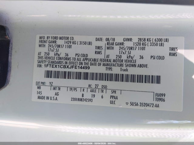 Aukcja sprzedaży 2018 Ford F-150 Xl, vin: 1FTEX1CBXJFE14499, numer aukcji: 45022456