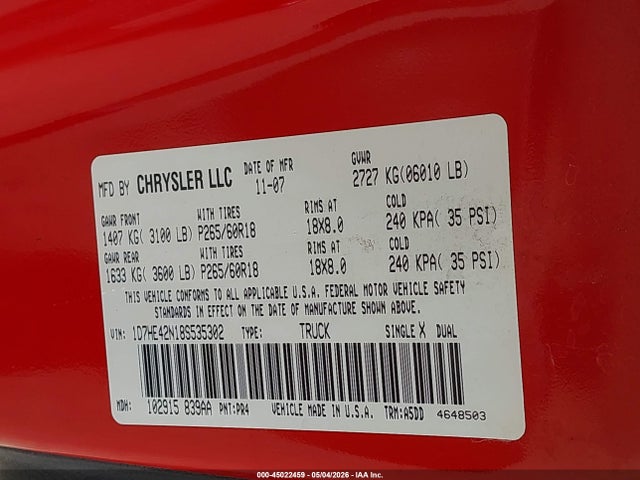 Aukcja sprzedaży 2008 Dodge Dakota Slt, vin: 1D7HE42N18S535302, numer aukcji: 45022459