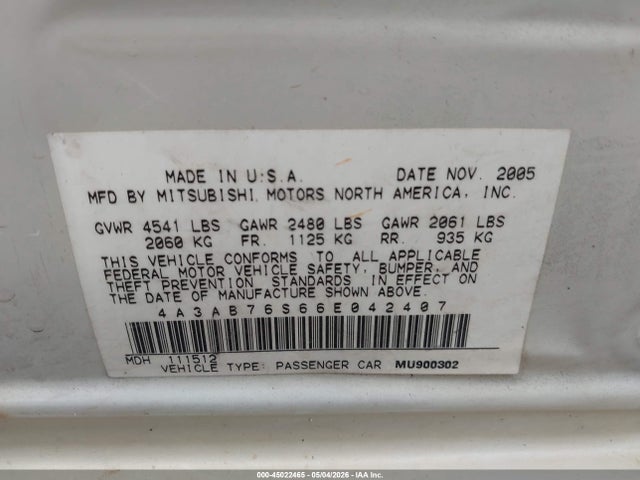45022465 :رقم المزاد ، 4A3AB76S66E042407 vin ، 2006 Mitsubishi Galant Gts مزاد بيع