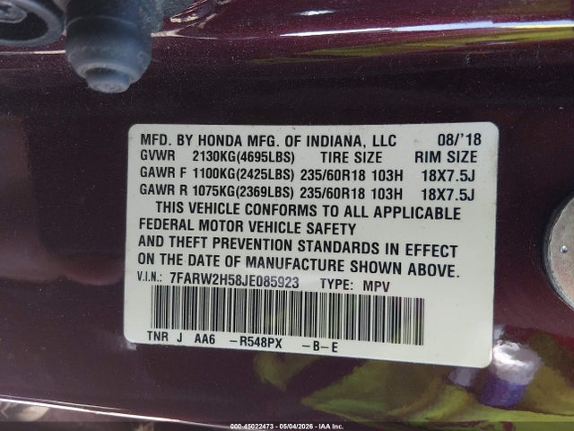 2018 Honda Cr-v Ex მანქანა იყიდება აუქციონზე, vin: 7FARW2H58JE085923, აუქციონის ნომერი: 45022473
