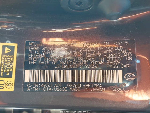 45022474 :رقم المزاد ، JTHBK1GG3F2193056 vin ، 2015 Lexus Es 350 مزاد بيع