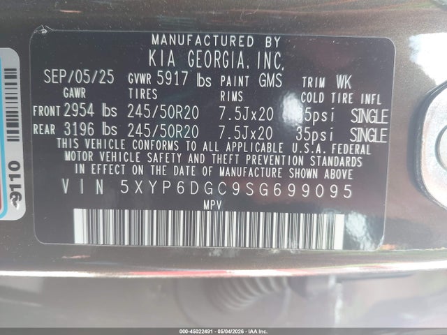 Aukcja sprzedaży 2025 Kia Telluride S, vin: 5XYP6DGC9SG699095, numer aukcji: 45022491