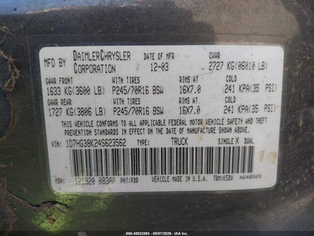 Aukcja sprzedaży 2004 Dodge Dakota Sport/sxt, vin: 1D7HG38K24S623562, numer aukcji: 45022493