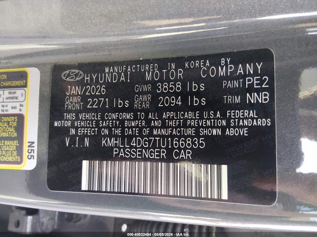 45022494 :رقم المزاد ، KMHLL4DG7TU166835 vin ، 2026 Hyundai Elantra Se مزاد بيع