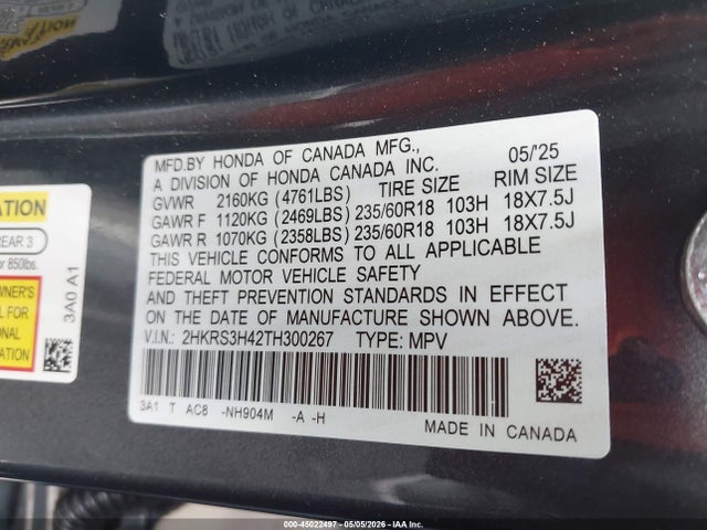 Продажа на аукционе авто 2026 Honda Cr-v Ex 2wd, vin: 2HKRS3H42TH300267, номер лота: 45022497