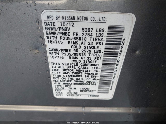 45022504 :رقم المزاد ، JN8AZ1MWXDW304264 vin ، 2013 Nissan Murano S مزاد بيع
