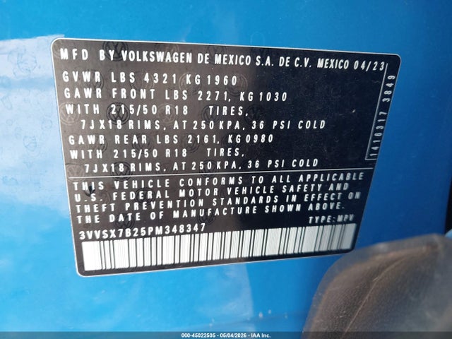 2023 Volkswagen Taos 1.5t Se მანქანა იყიდება აუქციონზე, vin: 3VVSX7B25PM348347, აუქციონის ნომერი: 45022505
