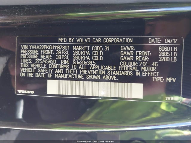 Aukcja sprzedaży 2017 Volvo Xc90 T6 Momentum, vin: YV4A22PK6H1187801, numer aukcji: 45022507