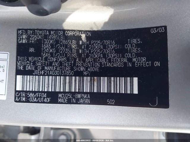 Продажа на аукционе авто 2003 Toyota Highlander Limited V6, vin: JTEHF21A030137850, номер лота: 45022522