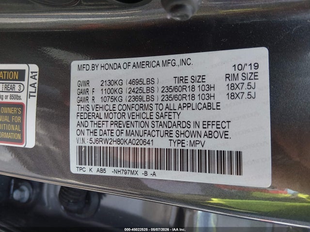 Продаж на аукціоні авто 2019 Honda Cr-v Ex-l, vin: 5J6RW2H80KA020641, номер лоту: 45022525