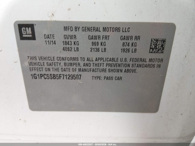 45022527 :رقم المزاد ، 1G1PC5SB5F7129507 vin ، 2015 Chevrolet Cruze 1lt Auto مزاد بيع