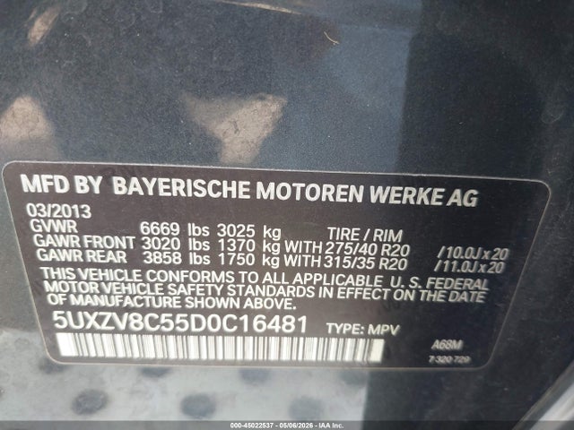 45022537 :رقم المزاد ، 5UXZV8C55D0C16481 vin ، 2013 Bmw X5 Xdrive50i مزاد بيع