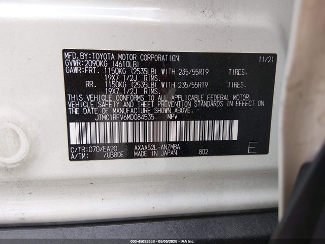 Aukcja sprzedaży 2021 Toyota Rav4 Xle Premium, vin: JTMC1RFV6MD084535, numer aukcji: 45022538