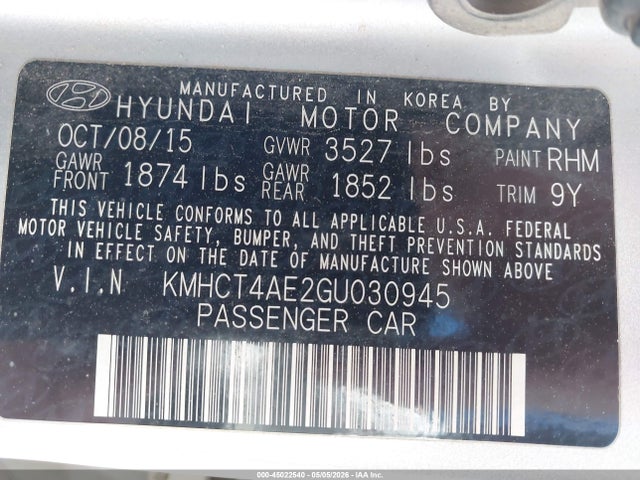 2016 Hyundai Accent Se მანქანა იყიდება აუქციონზე, vin: KMHCT4AE2GU030945, აუქციონის ნომერი: 45022540