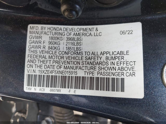 45022550 :رقم المزاد ، 19XZE4F5XNE015915 vin ، 2022 Honda Insight Ex مزاد بيع