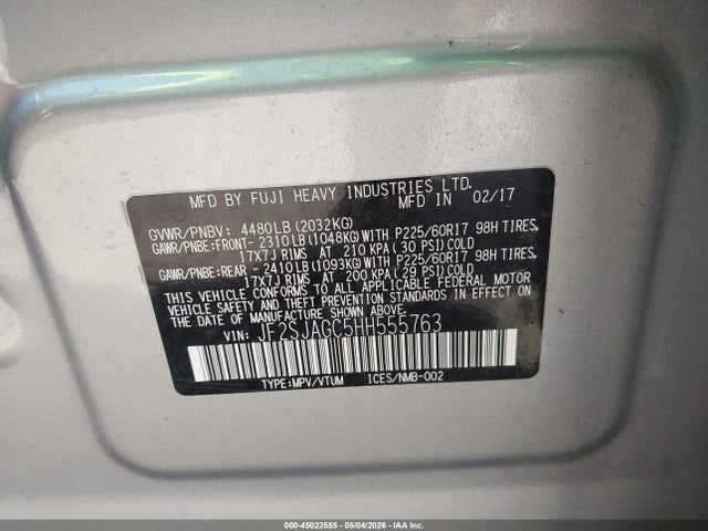 Продаж на аукціоні авто 2017 Subaru Forester 2.5i Premium, vin: JF2SJAGC5HH555763, номер лоту: 45022555