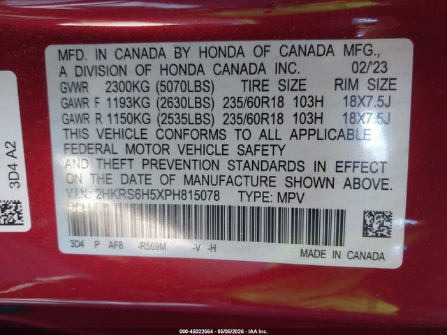 2023 Honda Cr-v Hybrid Sport მანქანა იყიდება აუქციონზე, vin: 2HKRS6H5XPH815078, აუქციონის ნომერი: 45022564