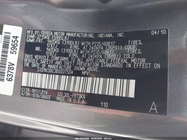 Aukcja sprzedaży 2011 Toyota Sienna Xle V6, vin: 5TDYK3DC3BS027504, numer aukcji: 45022566