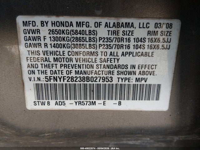 Продажа на аукционе авто 2008 Honda Pilot Vp, vin: 5FNYF28238B027953, номер лота: 45022574