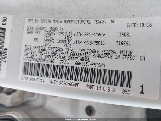 45022575 :رقم المزاد ، 5TFCZ5AN2HX058740 vin ، 2017 Toyota Tacoma Sr5 V6 مزاد بيع