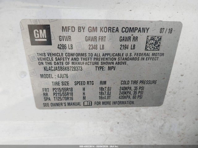 Aukcja sprzedaży 2019 Buick Encore Fwd Preferred, vin: KL4CJASB6KB728373, numer aukcji: 45022614