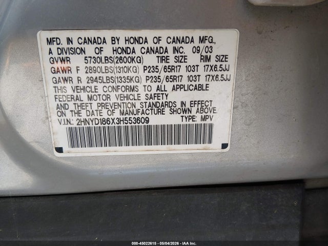Aukcja sprzedaży 2003 Acura Mdx, vin: 2HNYD186X3H553609, numer aukcji: 45022615