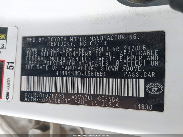 Aukcja sprzedaży 2018 Toyota Camry Le, vin: 4T1B11HKXJU581661, numer aukcji: 45022621