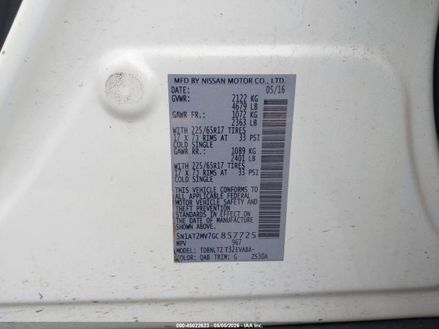 Продажа на аукционе авто 2016 Nissan Rogue Sv, vin: 5N1AT2MV7GC857725, номер лота: 45022623