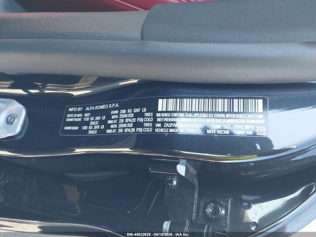 45022629 :رقم المزاد ، ZASPAKBN1N7D28615 vin ، 2022 Alfa Romeo Stelvio Veloce Ti Awd مزاد بيع