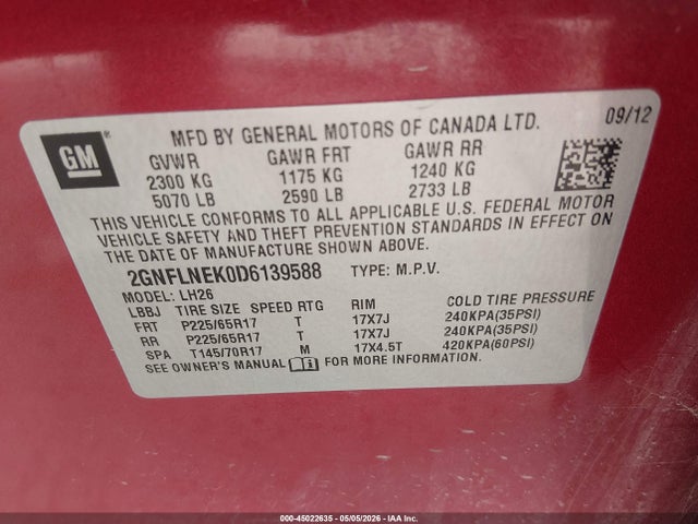 Aukcja sprzedaży 2013 Chevrolet Equinox 2lt, vin: 2GNFLNEK0D6139588, numer aukcji: 45022635