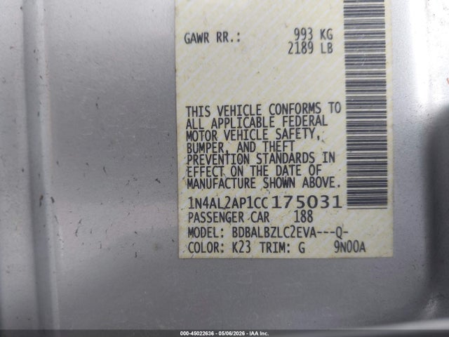2012 Nissan Altima 2.5 S მანქანა იყიდება აუქციონზე, vin: 1N4AL2AP1CC175031, აუქციონის ნომერი: 45022636