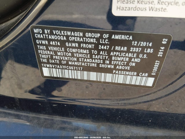 1VWBV7A37FC057117 Volkswagen Passat 2.0l Tdi Se