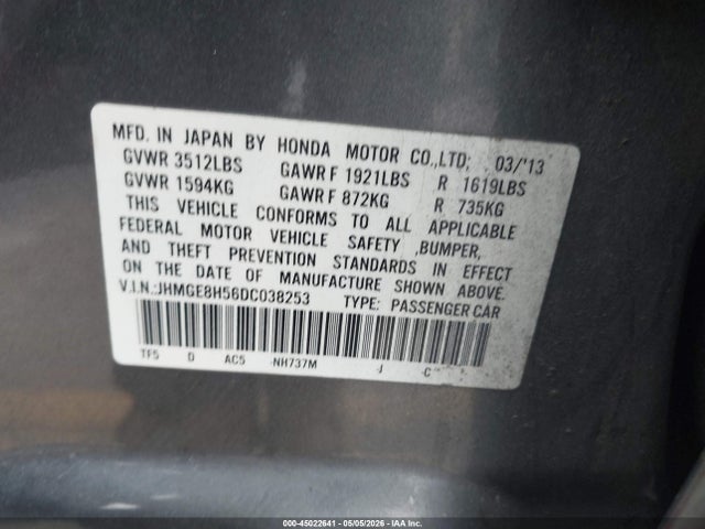 45022641 :رقم المزاد ، JHMGE8H56DC038253 vin ، 2013 Honda Fit Sport مزاد بيع