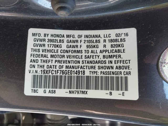 45022645 :رقم المزاد ، 19XFC1F76GE014918 vin ، 2016 Honda Civic Ex-l مزاد بيع