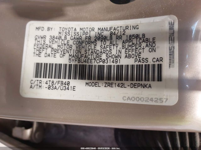 45022646 :رقم المزاد ، 5YFBU4EE7CP031491 vin ، 2012 Toyota Corolla Le مزاد بيع