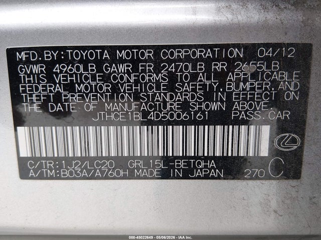 Aukcja sprzedaży 2013 Lexus Gs 350, vin: JTHCE1BL4D5006161, numer aukcji: 45022649
