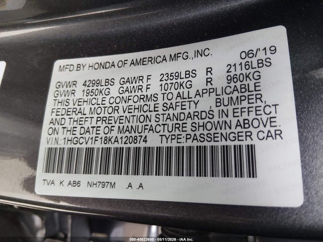 45022650 :رقم المزاد ، 1HGCV1F18KA120874 vin ، 2019 Honda Accord Lx مزاد بيع