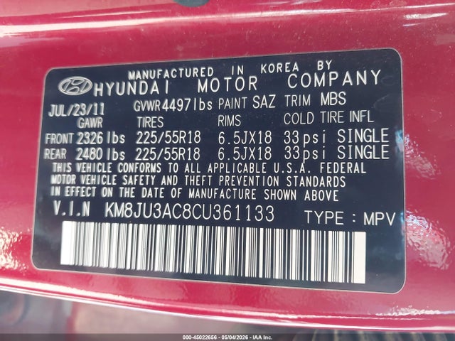Aukcja sprzedaży 2012 Hyundai Tucson Limited, vin: KM8JU3AC8CU361133, numer aukcji: 45022656