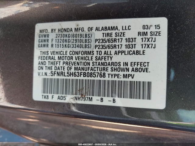 45022657 :رقم المزاد ، 5FNRL5H63FB085768 vin ، 2015 Honda Odyssey Ex-l مزاد بيع