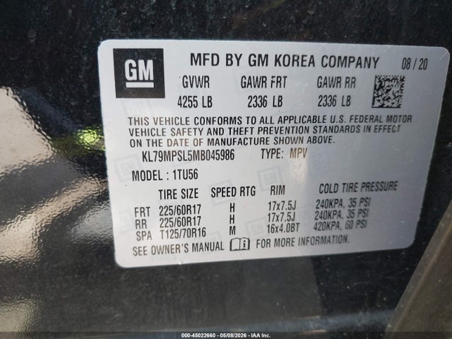 Продажа на аукционе авто 2021 Chevrolet Trailblazer Fwd Lt, vin: KL79MPSL5MB045986, номер лота: 45022660