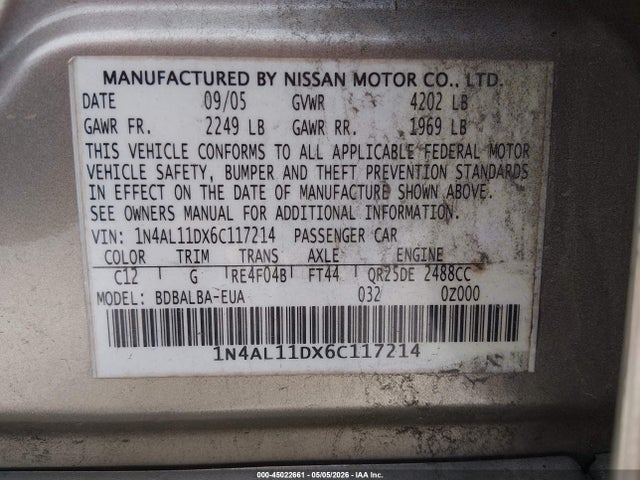 Aukcja sprzedaży 2006 Nissan Altima 2.5 S, vin: 1N4AL11DX6C117214, numer aukcji: 45022661