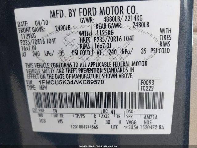 Aukcja sprzedaży 2010 Ford Escape Hybrid Limited, vin: 1FMCU5K34AKC89570, numer aukcji: 45022665