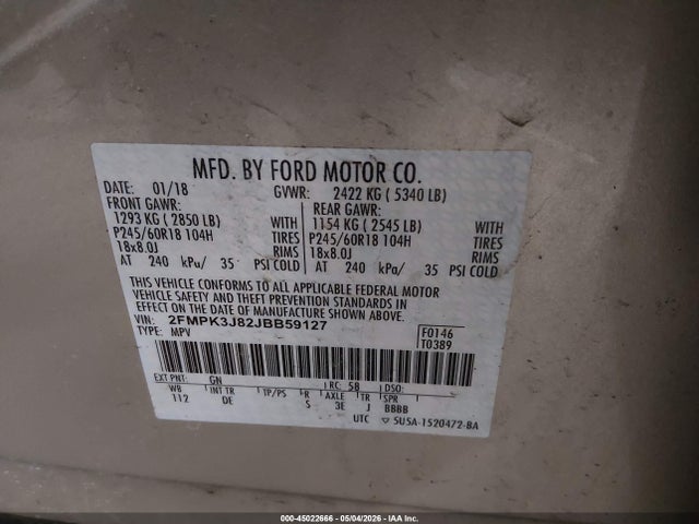Aukcja sprzedaży 2018 Ford Edge Sel, vin: 2FMPK3J82JBB59127, numer aukcji: 45022666