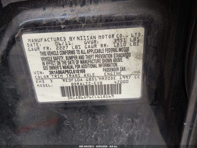 Aukcja sprzedaży 2012 Nissan Sentra 2.0 Sr, vin: 3N1AB6AP6CL618169, numer aukcji: 45022672