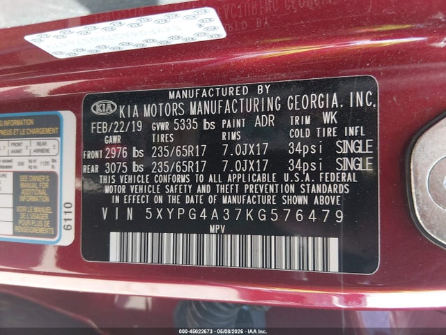 45022673 :رقم المزاد ، 5XYPG4A37KG576479 vin ، 2019 Kia Sorento 2.4l Lx مزاد بيع