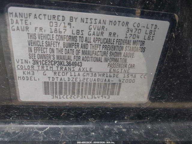 45022676 :رقم المزاد ، 3N1CE2CP3KL364943 vin ، 2019 Nissan Versa Note Sv مزاد بيع