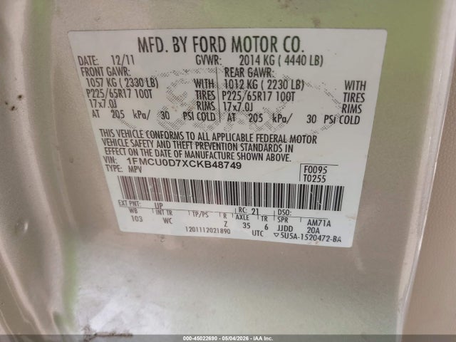 Aukcja sprzedaży 2012 Ford Escape Xlt, vin: 1FMCU0D7XCKB48749, numer aukcji: 45022690